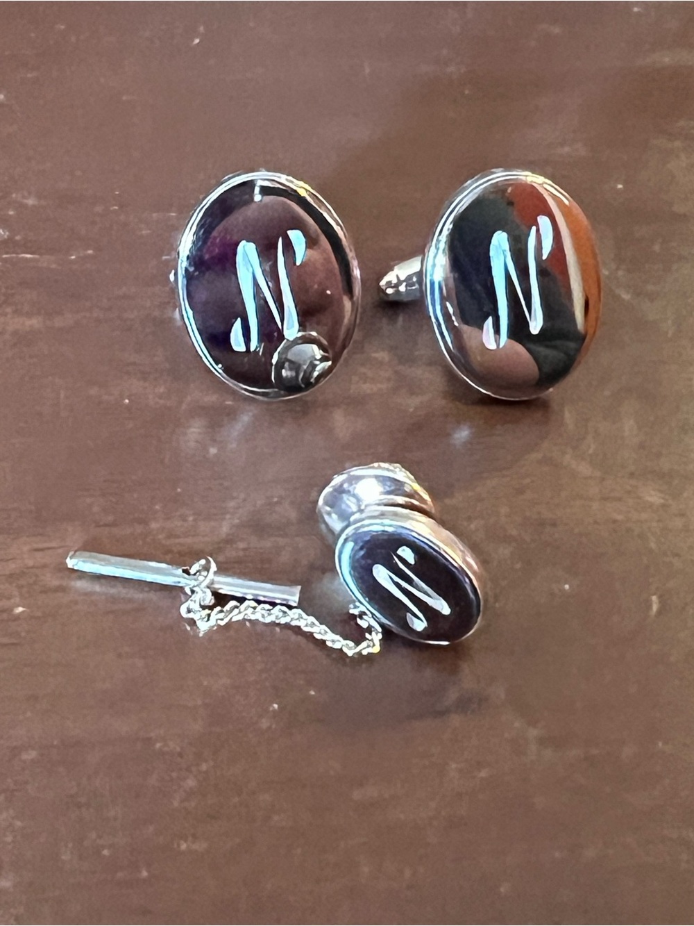 Monogram 'N' Cufflinks and Tie Tack - Silver Tone